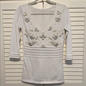Boston Proper White Embellished 3/4 Sleeve Blouse